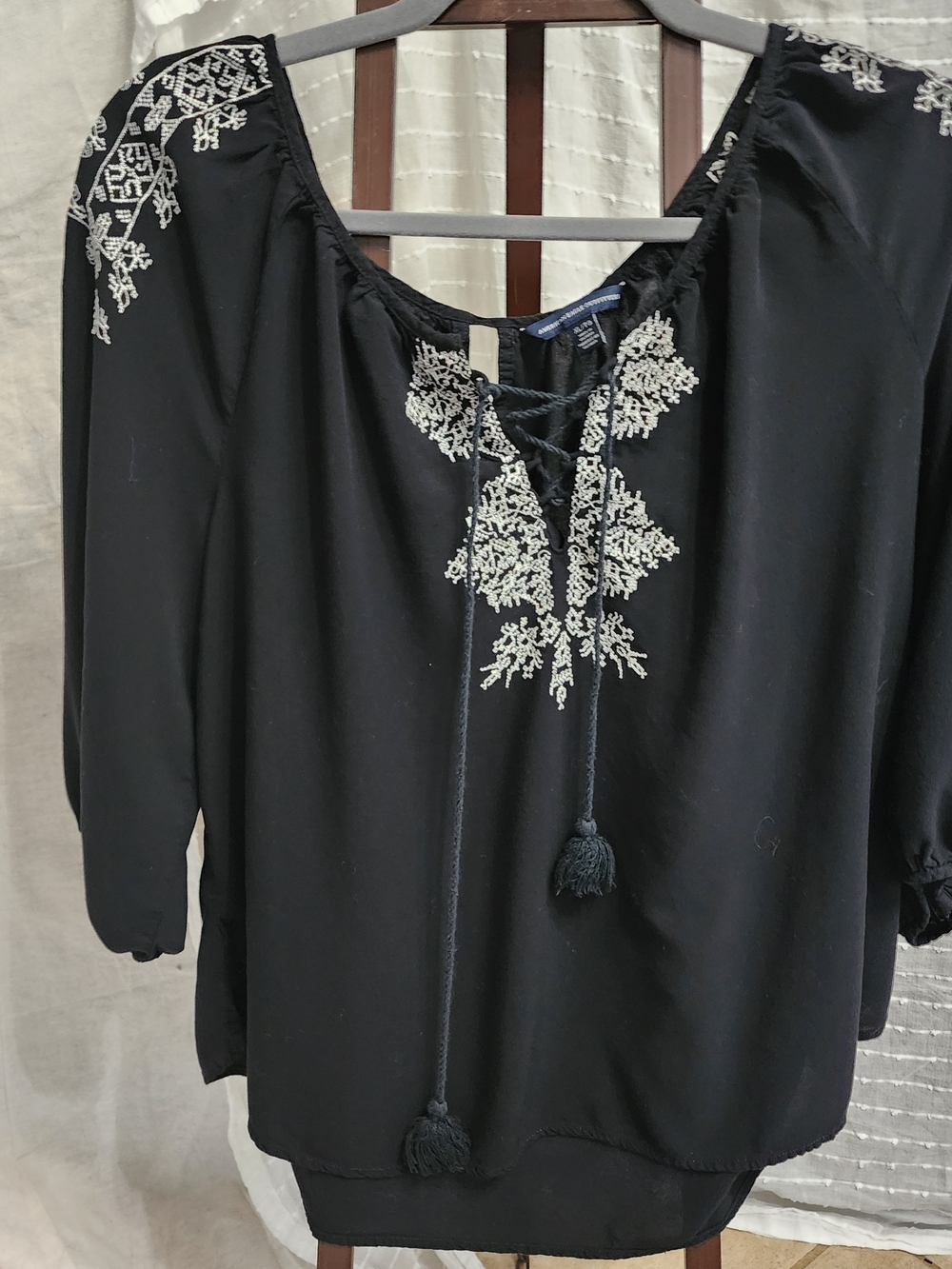American Eagle Embroidered Black Peasant Blouse with Lace Up Tassel Tie Viscose